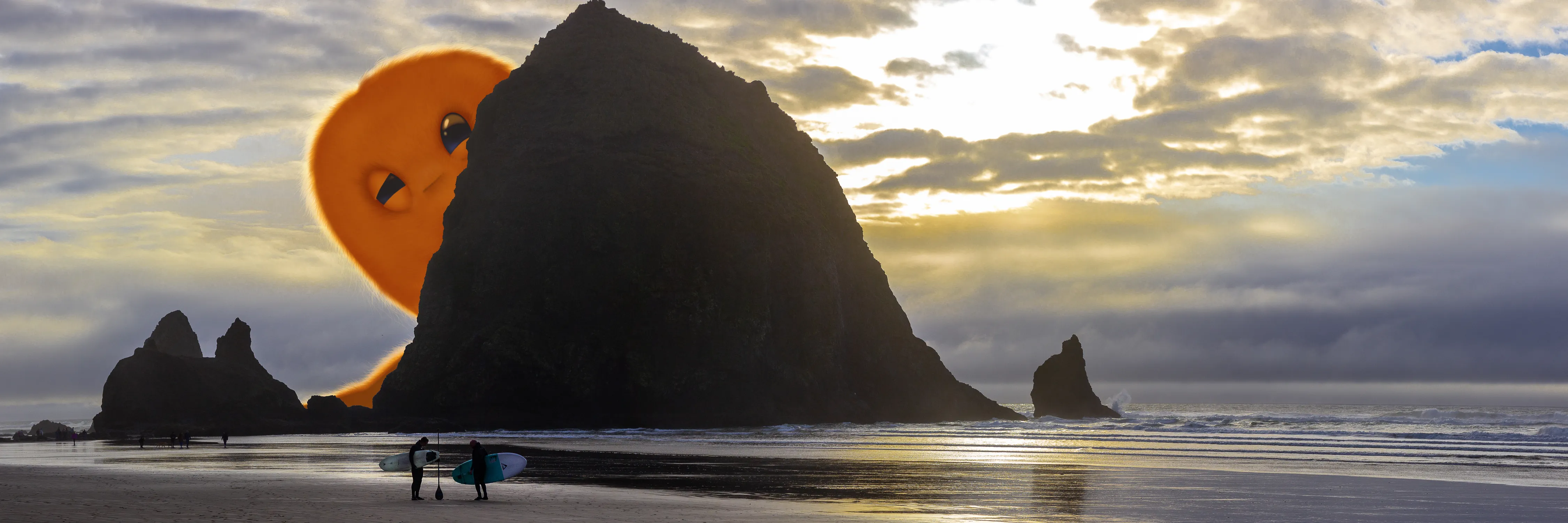 Haystack Rock at Cannon Beach at sunset. Two surfers stand on the wet sand with their boards while a huge fuzzy orange monster named Herman peeks out from behind the rock.