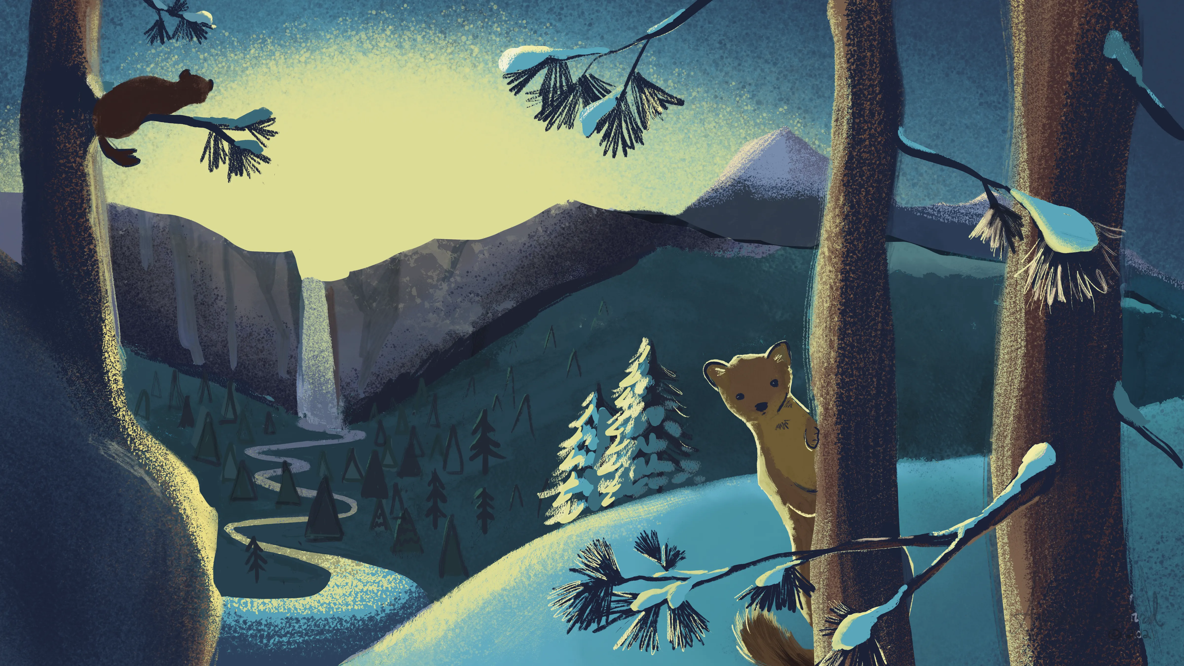 Painting by Amanda Heininge. Two pine martens in snowy pines above a valley with a waterfall, a winding river and a distant peak under a glowing sky. One marten peeks out from behind a trunk.